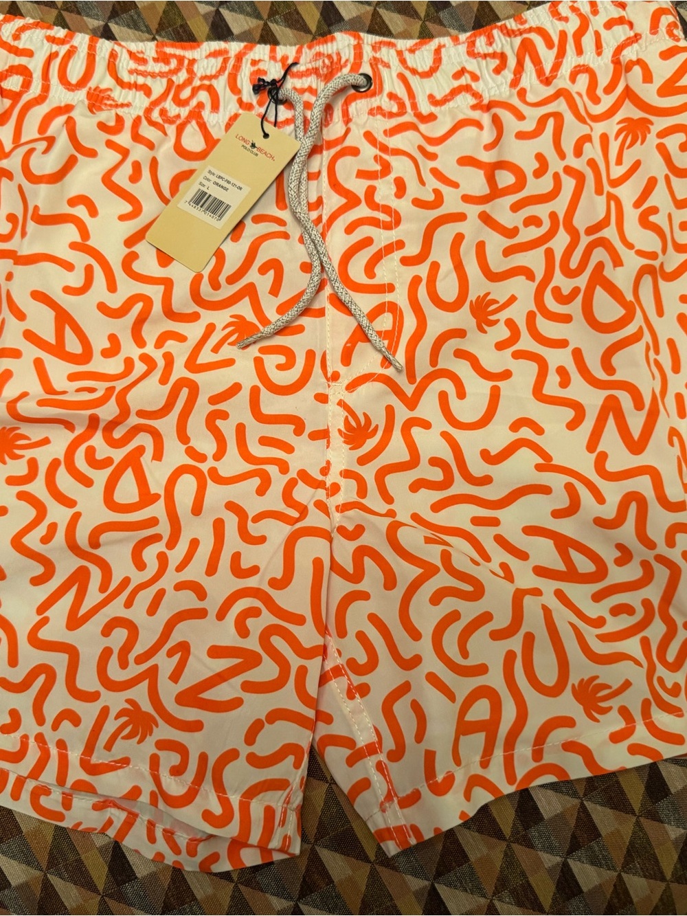 NWT Men’s Swim Trunks Orange & Cream Printed with Drawstring Waist - size L